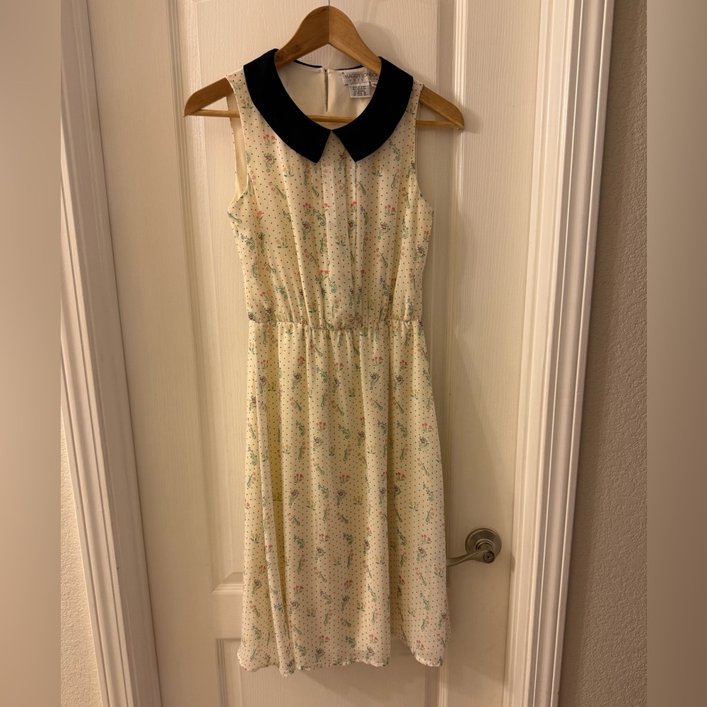 Maggy London Navy and Cream Print Dress Peter Pan Collar